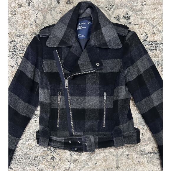 Y2K American Eagle Women’s Wool Blend Plaid Jacket Buckle & Zipper Details Sz S - Picture 2 of 7